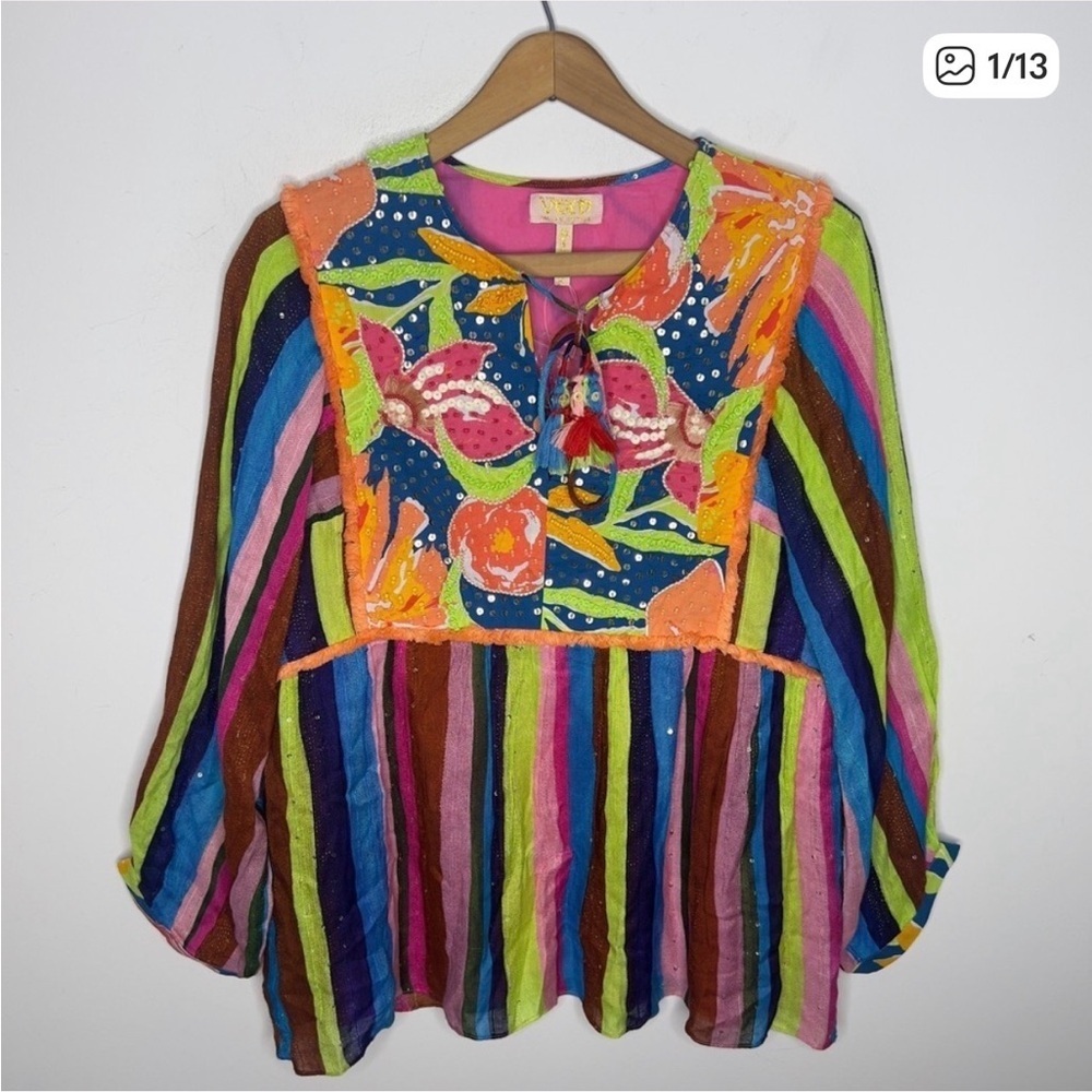 Anthropologie Verb Pallavi Singhee Floral Striped Beaded Boho Babydoll Blouse - Picture 6 of 11